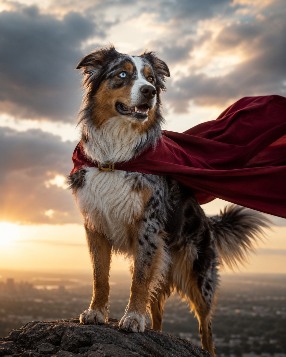 Berger australien bleu merle portant une cape de super-héros rouge, sur un promontoire rocheux à l'heure dorée